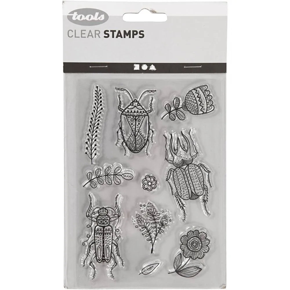 Clear stamps Insekter från Creotime. Förpackning med stämplar som har motiv med skalbaggar och växter. Tidformera