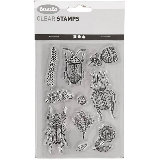 Clear stamps Insekter från Creotime. Förpackning med stämplar som har motiv med skalbaggar och växter. Tidformera