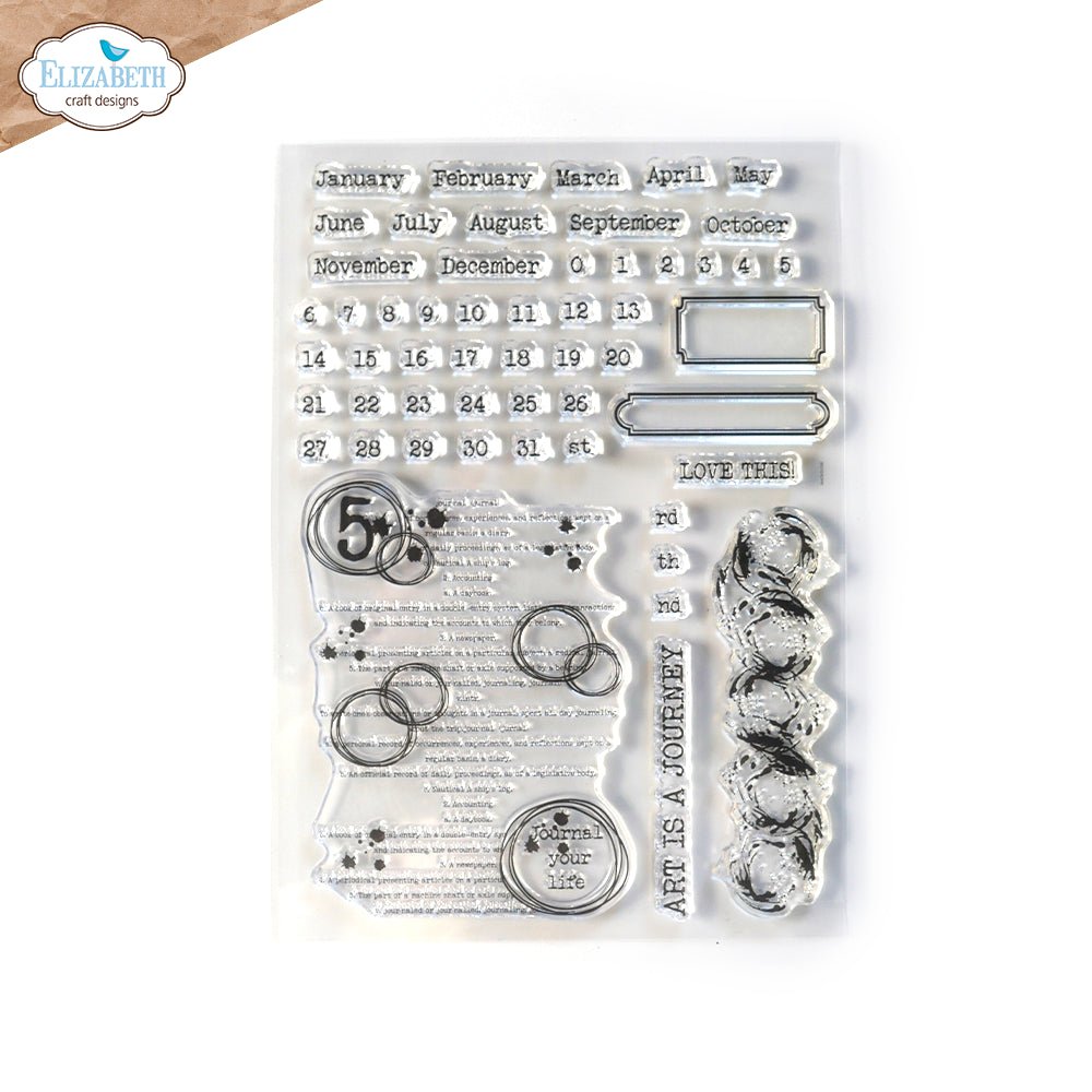 Clear stamps - Journal Dates and Months Stamps från Elisabeth Craft Design. Förpackning med kalenderstämplar och dekorationsstämplar. - Tidformera
