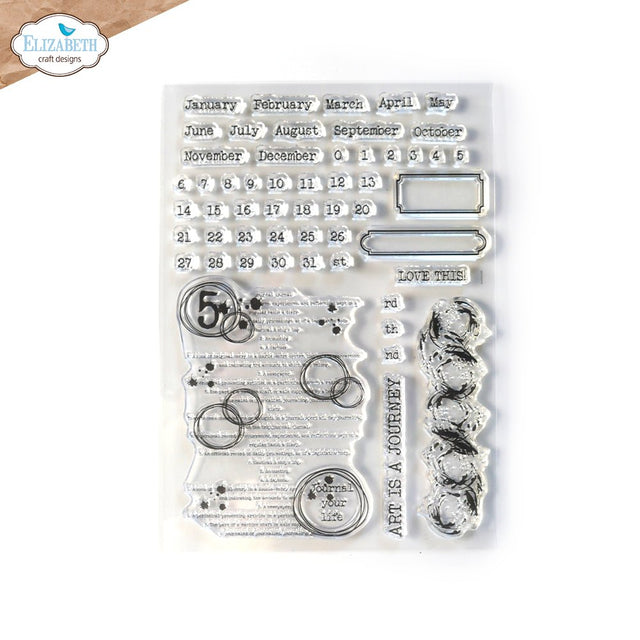 Clear stamps - Journal Dates and Months Stamps från Elisabeth Craft Design. Förpackning med kalenderstämplar och dekorationsstämplar. - Tidformera