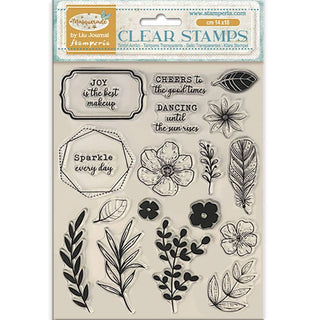 Clear stamps Masquerade - Flowers And Labels från Stamperia . Förpackning med stämplar i form av blommor och texter- Tidformera