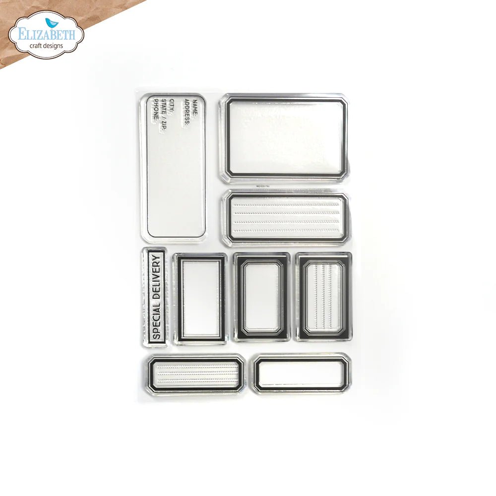 Clear stamps Retro Labels 2 från Elizabeth Craft Designs. Stämplar i silikon, utformade som etiketter. - Tidformera