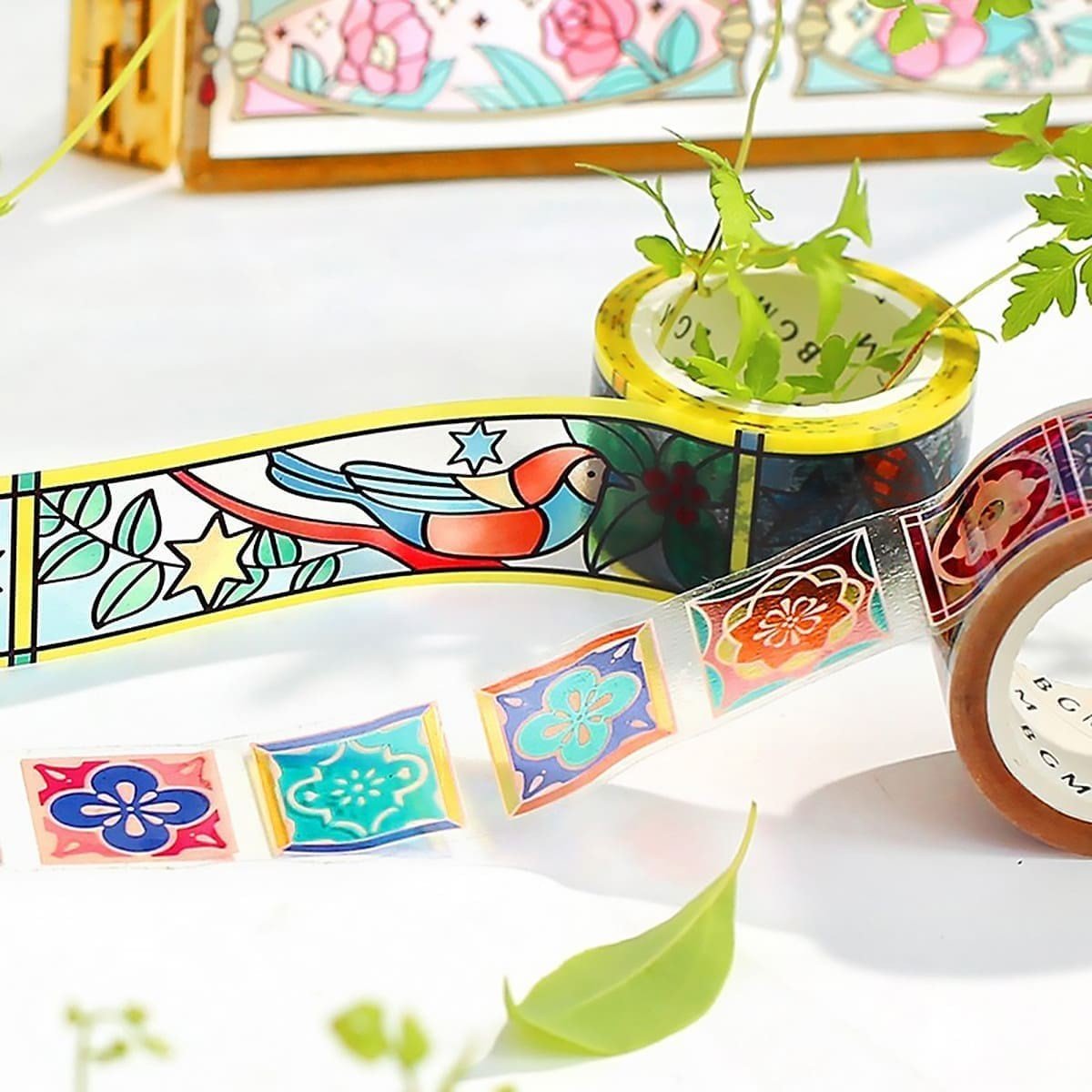 Clear Tape Stained glass - Bird and plant - BGM - Tidformera