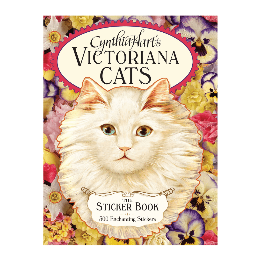 Framsidan på boken Cynthia Hart's Victoriana Cats: The Sticker Book. Stor vit katt. Tidformera