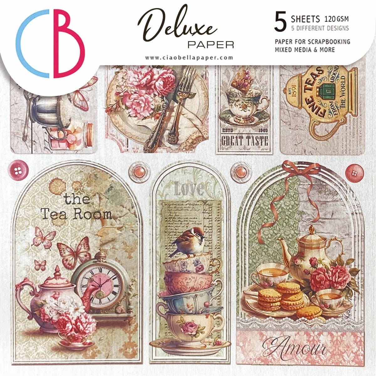 Deluxe Paper 15 x 15 cm - Pearl - Timeless Moments - 5-pack från Ciao Bella. Framsidan av en förpackning med papper. Motiv med tekanna, koppar, kakor och fågel. - Tidformera