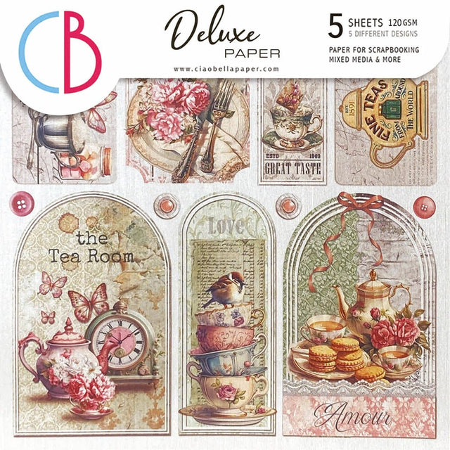 Deluxe Paper 15 x 15 cm - Pearl - Timeless Moments - 5-pack från Ciao Bella. Framsidan av en förpackning med papper. Motiv med tekanna, koppar, kakor och fågel. - Tidformera