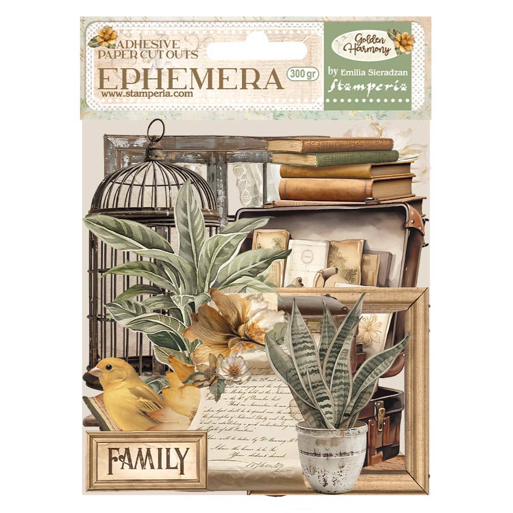 Förpackning med Die cuts Golden Harmony Ephemera från Stamperia. Motiv med krukväxter och böcker.  - Tidformera