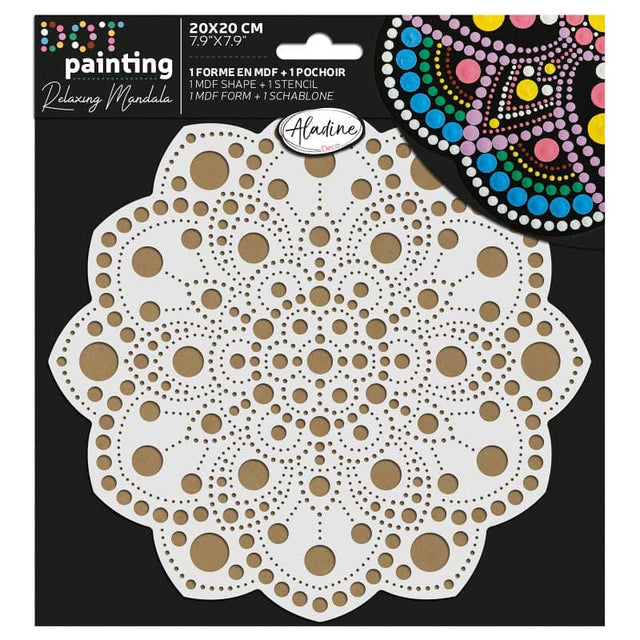 Dot Painting - Mdf - skiva och stencil - 20 cm - Pivoine - 1 - Aladine - Tidformera