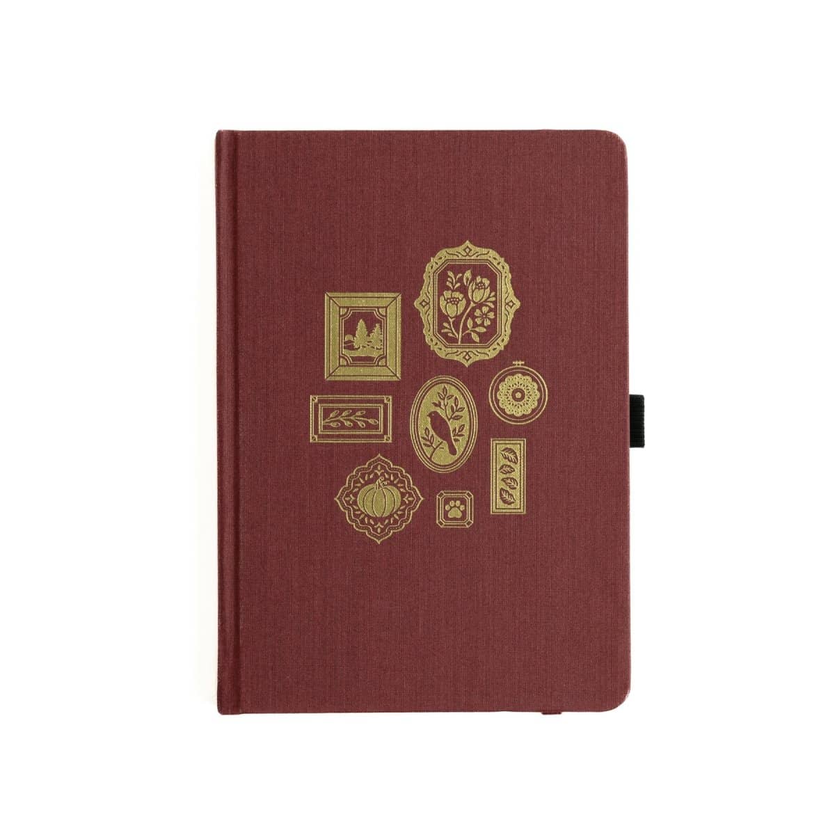 Mörkröd prickad anteckningsbok. Motiv på pärmen är små guldfärgade tavlor - Dotted Notebook Frame Wall A5 - Från Archer & Olive - Tidformera