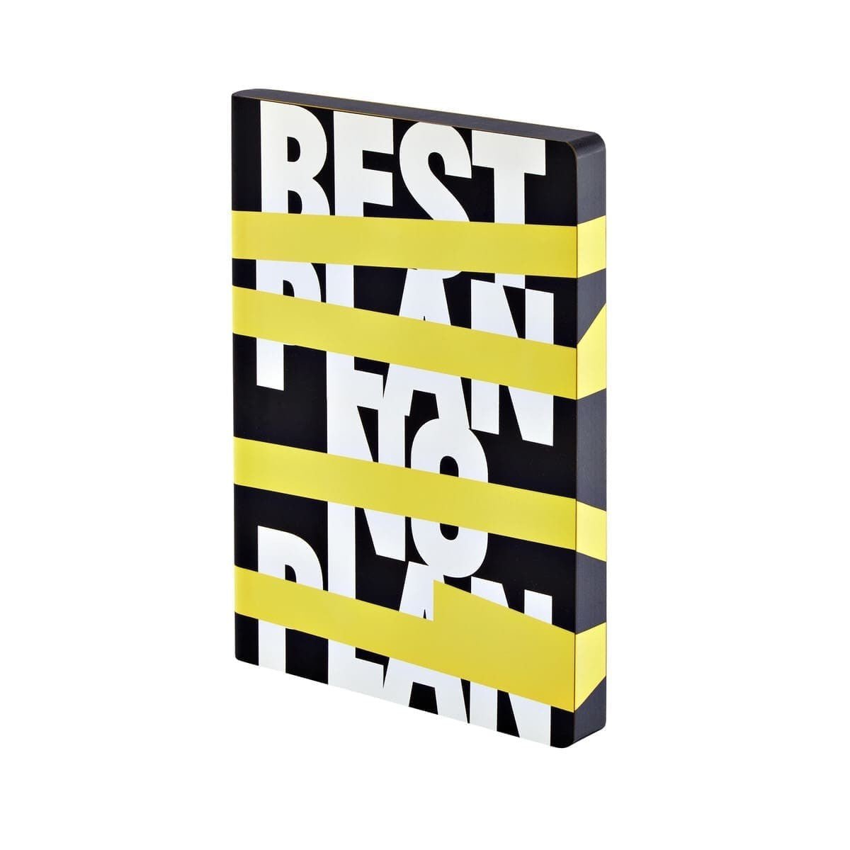 Dotted notebook Graphic L Best plan - no plan från Nuuna. Svart skrivbok med gula ränder och vit text på - Tidformera