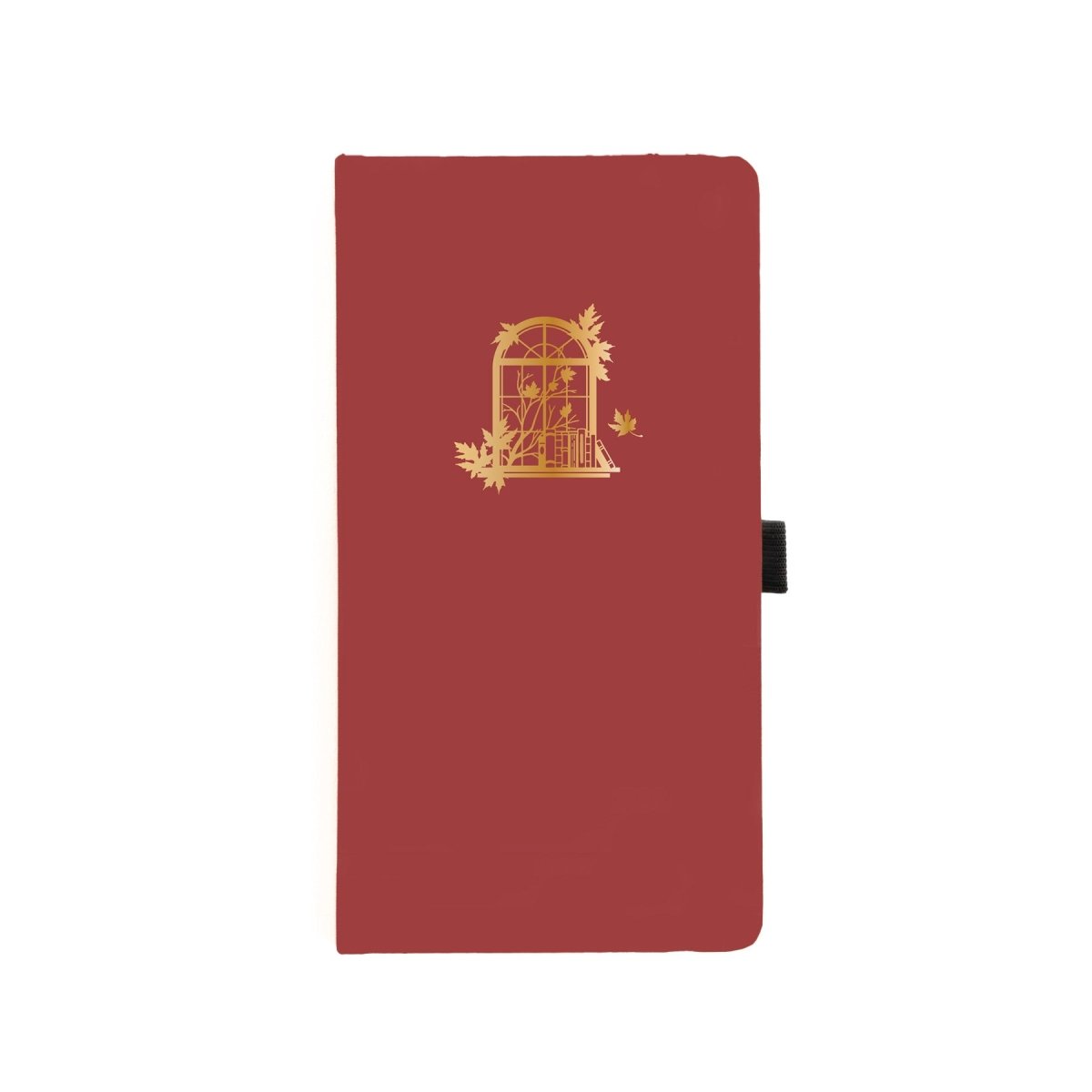 Röd prickad anteckningsbok med guldfärgat motiv - ett fönster med böcker och växt. Dotted Notebook Limited Edition Style Fall 2024 Slim - från Archer & Olive - Tidformera
