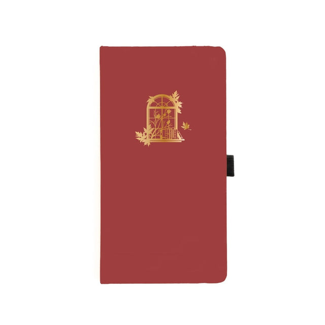 Röd prickad anteckningsbok med guldfärgat motiv - ett fönster med böcker och växt. Dotted Notebook Limited Edition Style Fall 2024 Slim - från Archer & Olive - Tidformera