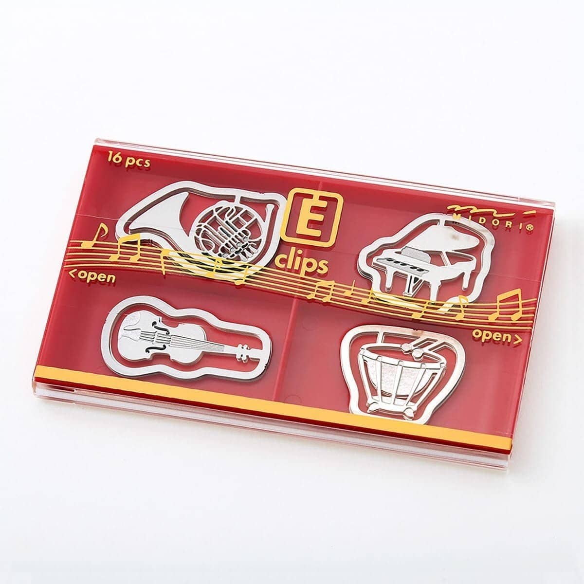E - clips Gem i metall - Musical instruments från Midori. Förpackning med gem med motiv med trumpet, piano, fiol och trumma.  - Tidformera