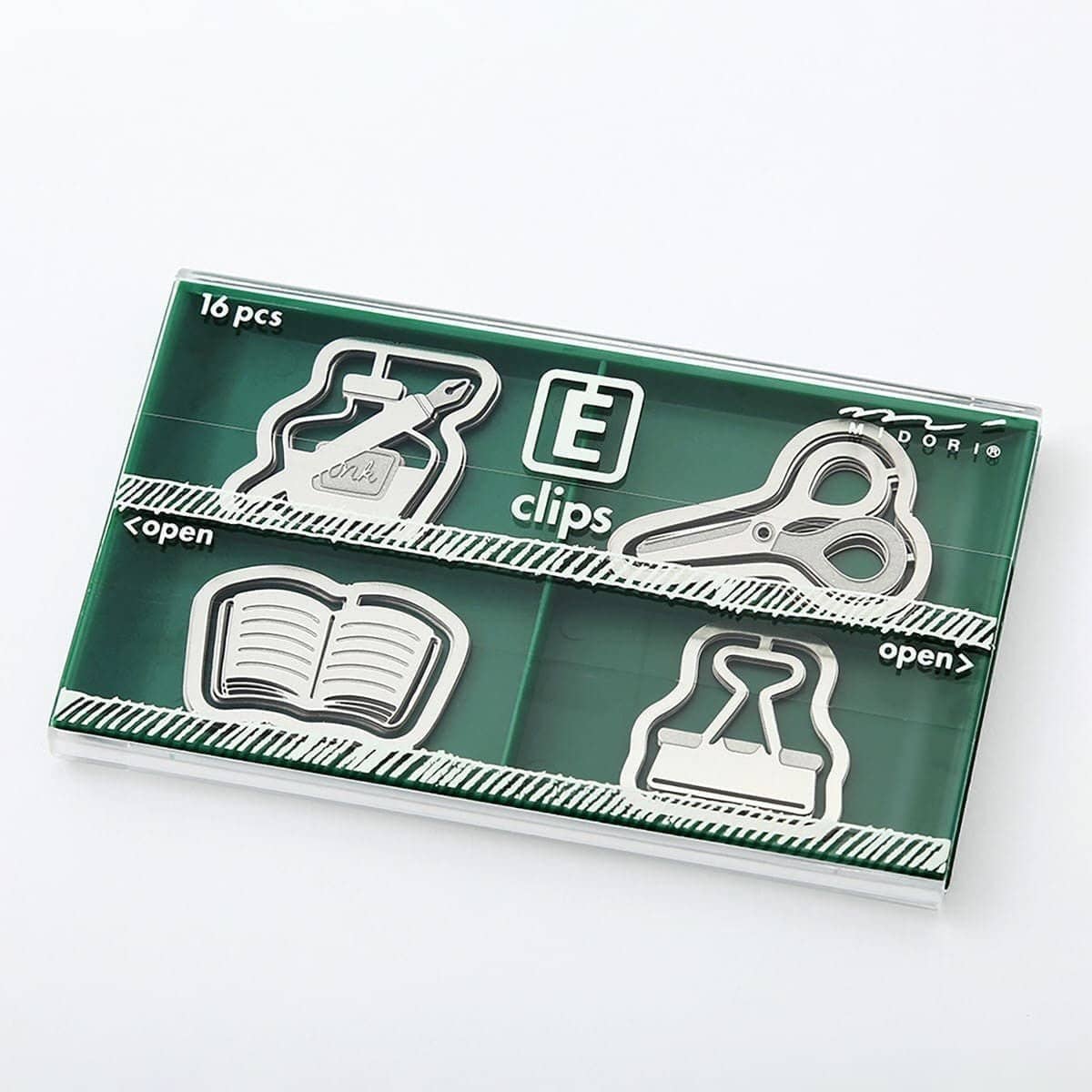 E - clips Gem i metall - Stationery från Midori - En grön förpackning med fyra olika motiv på gem.  Tidformera