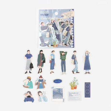 Förpackning med klistermärken, nedan är motiven. Kvinnor med olika stilar. Flake stickers Coordinate - Casual - Blue från BGM - Tidformera