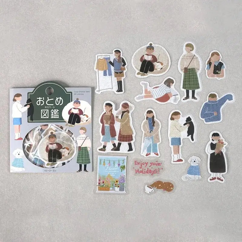 Flake stickers Coordinate - Otome Zukan - Holiday Girl från BGM- Förpackningen och klistermärken ligger bredvid. Motiv med människor.  - Tidformera