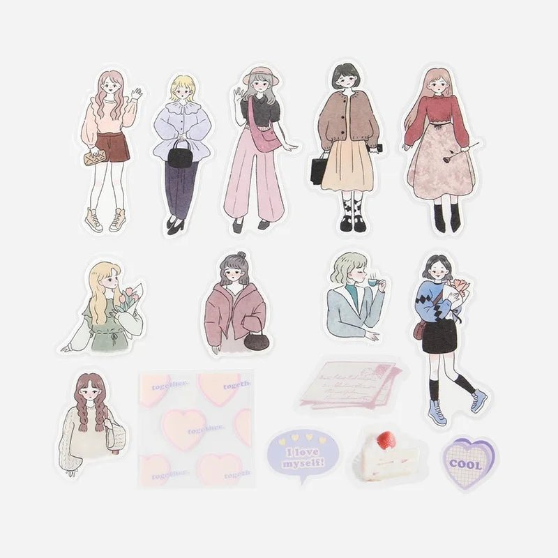 Stickers ligger utspridda. Motiv med en ung tjej. Flake stickers Coordinate - Watercolor - Maiden från BGM - Tidformera