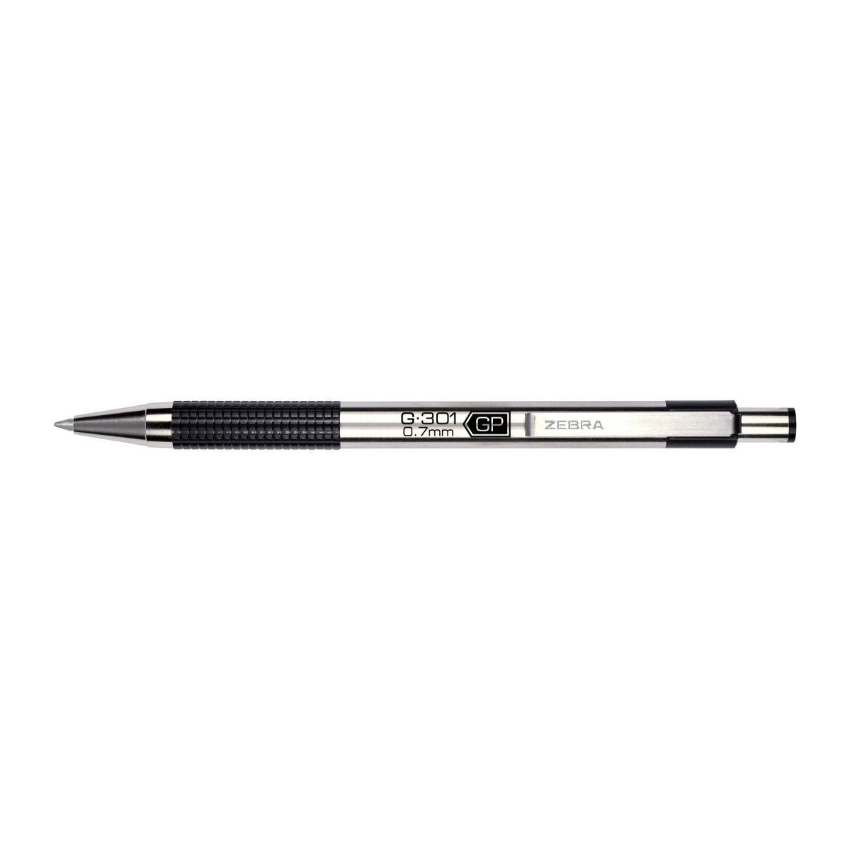 Gel Pen G301 - 0,7 - Black från Zebra. En silverfärgad penna med metallkropp och svarta detaljer. - Tidformera