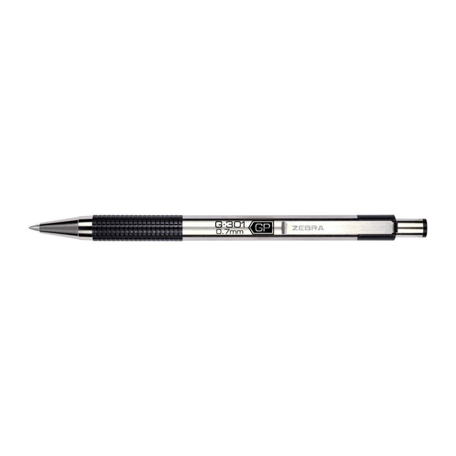 Gel Pen G301 - 0,7 - Black från Zebra. En silverfärgad penna med metallkropp och svarta detaljer. - Tidformera