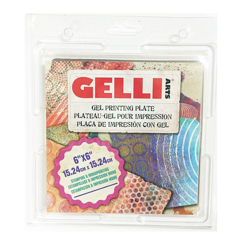 Gel printing plate från Gelli Arts - Förpackning med en silikonplatta i formatet 15,24 x 15,24 cm. Tidformera