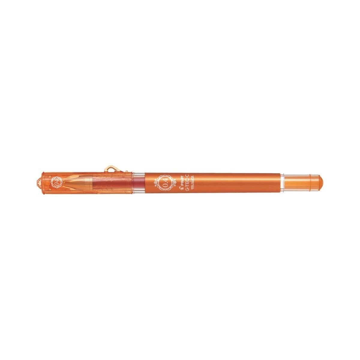 Gelkulpenna Maica Orange från Pilot Pen. En orange penna med lock. På pennan står Pilot G-tec-c Maica 0,4 - Tidormera