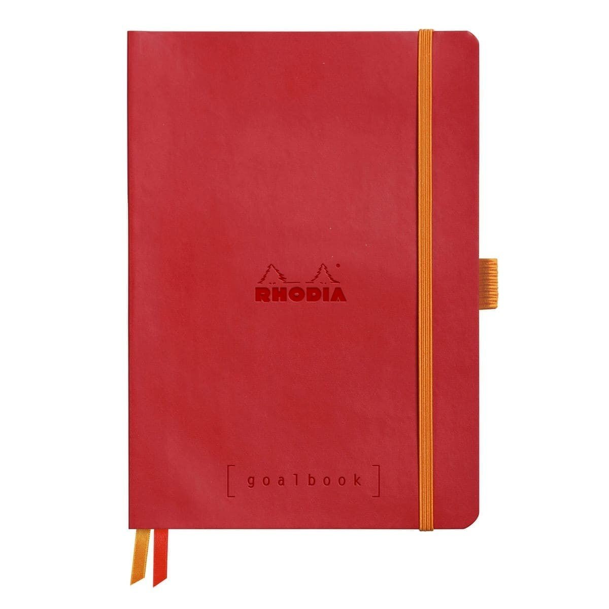 GoalBook Dotted notebook A5 - Poppy från Rhodia - Röd anteckningsbok. Boken har 2 bokmärkesband samt en orange gummiband för stängning och pennhållare. - Tidformera