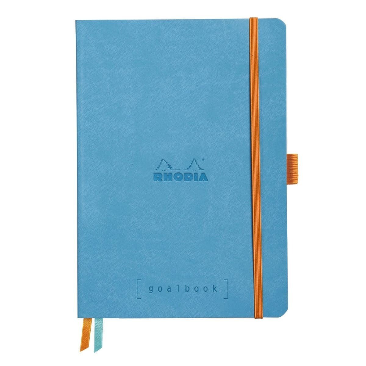 GoalBook Dotted notebook A5 - Turquoise blue från Rhodia - Turkos anteckningsbok. Boken har 2 bokmärkesband samt en orange gummiband för stängning. - Tidformera