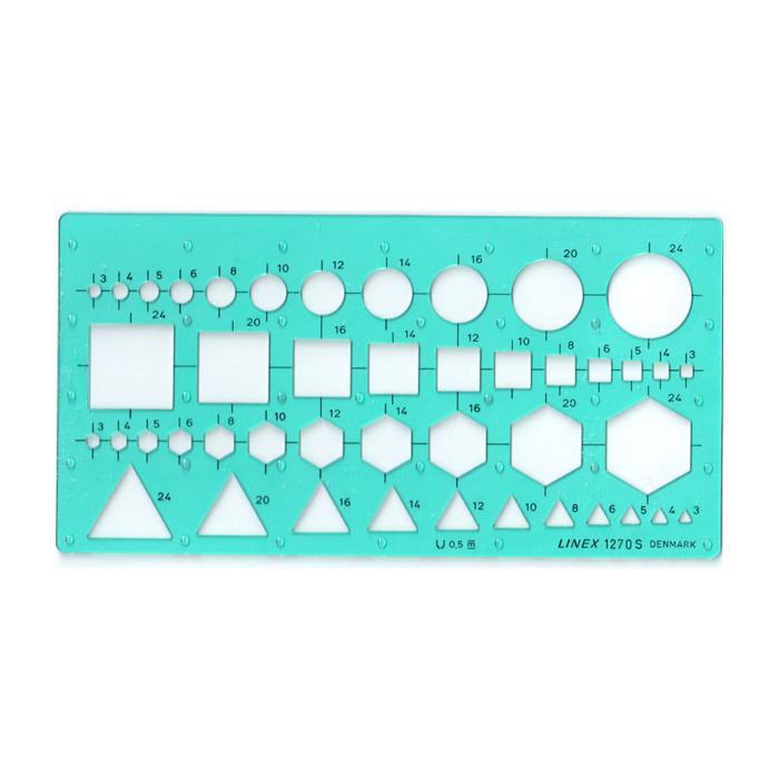 Kombinationsschablon 1270S från Linex. En stencil i plast med cirklar, rektanglar, hexagon och trianglar. Har tuschknoppar för att undvika utkladdat bläck- Tidformera