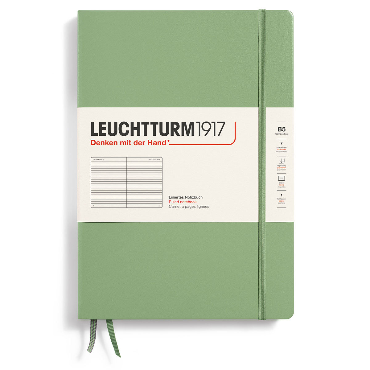 Linjerad skrivbok Lt B5 Hård pärm Sage från Leuchtturm1917 - Ljusgrön anteckningsbok - Tidformera