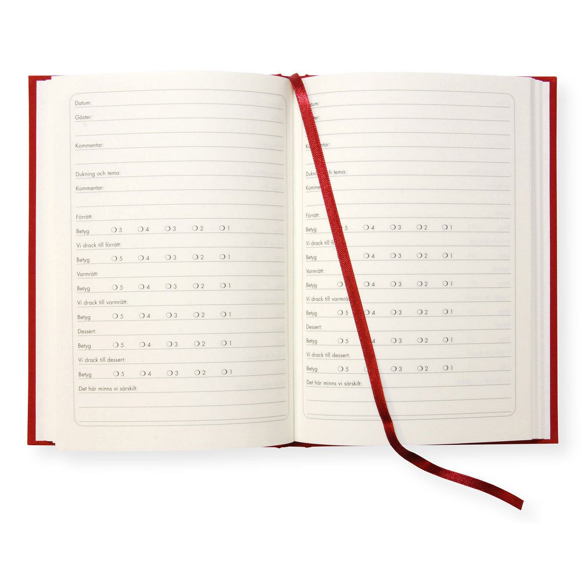 Uppslagen Middagsdagbok där det fins plats att skriva vad det bjöds, till vem, tema på och betyg. Tidformera