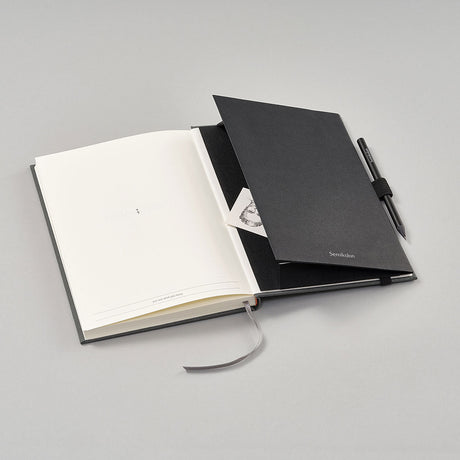 Patch Pocket - Black från Semikolon. Svart självhäftande ficka med elastiskt pennållare. Fickan sitter i en anteckningsbok. - Tidformera
