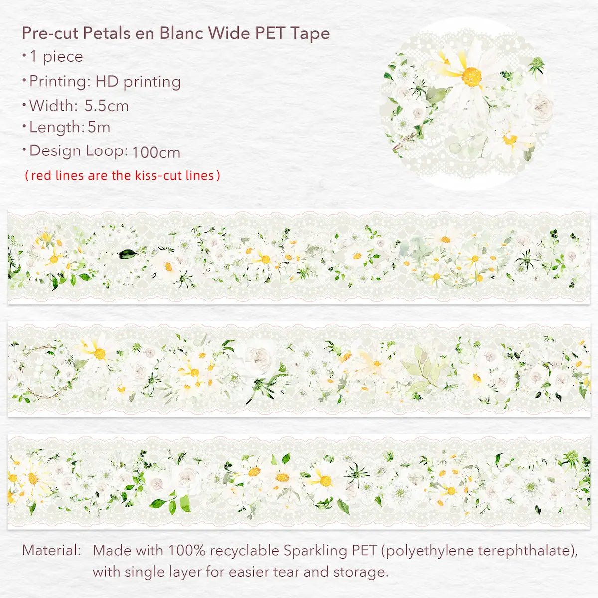 PET Tape Petals en Blanc - 55 mm - 7 - Washi Tape Shop - Tidformera