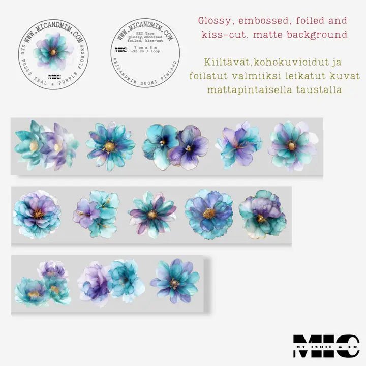 Pet Tape Pre - cut - MIC - Teal & Purple Flowers 3D Foiled 70 mm - 8 - MIC & MIM Premium Paper Shop - Tidformera