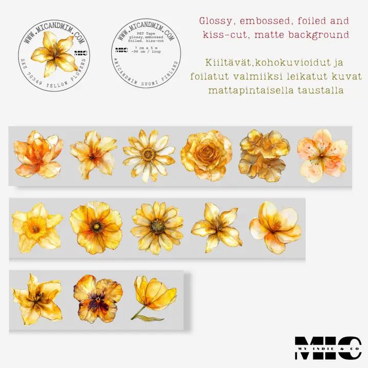 Pet Tape Pre - cut - MIC - Yellow Flowers 3D Foiled 70 mm - 7 - MIC & MIM Premium Paper Shop - Tidformera