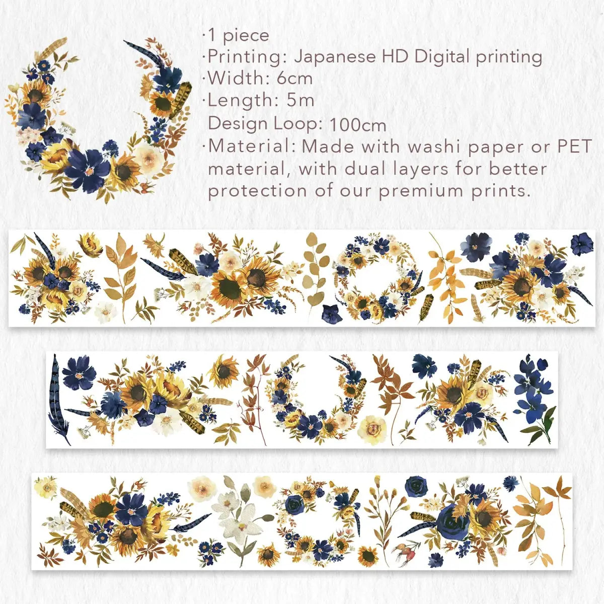 Pet tape Sunflower & Navy - 60 mm - 12 - Washi Tape Shop - Tidformera