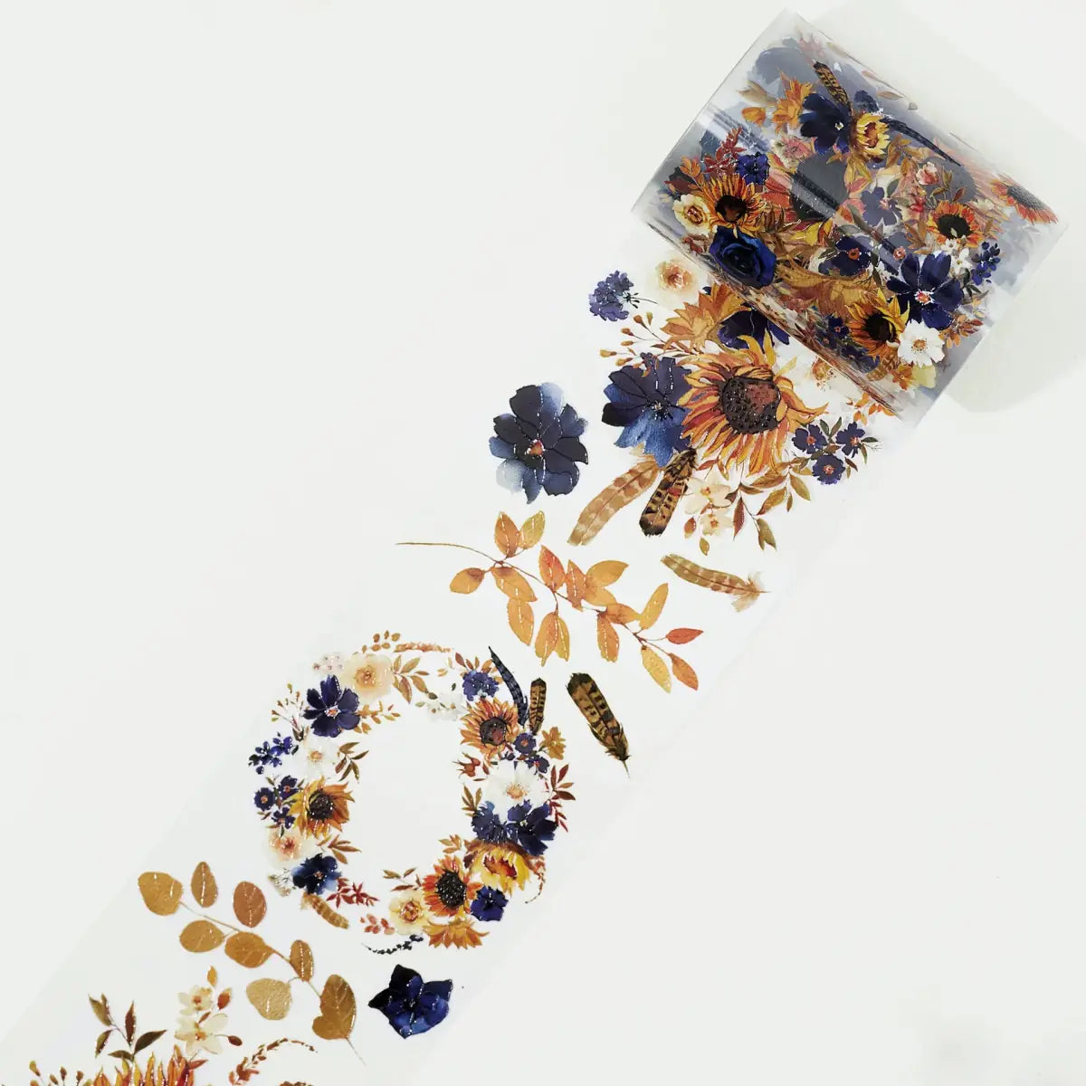 Pet tape Sunflower & Navy - 60 mm -från The Washi Tape Shop. En rulle med clear tape som har blommor i gult och blått. - Tidformera