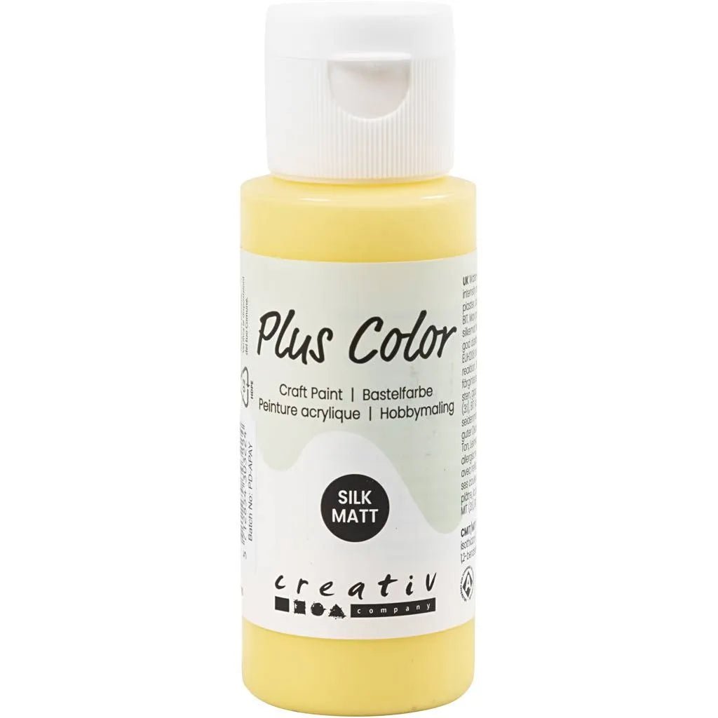 Plus Color Hobbyfärg - Akrylfärg 60 ml Matt - Primrose Yellow från Creative Company.  En flaska med gul färg. - Tidformera