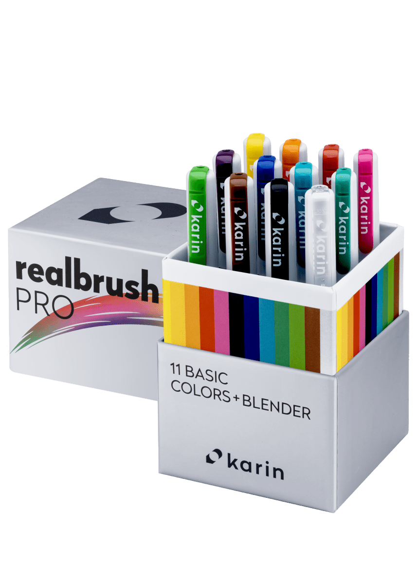 Realbrush PRO 12 - pack - 11 Basic colors + Blender från Karin. Förpackning med 12 penselpennor. 11 basfärger och en blendingpenna. - Tidformera