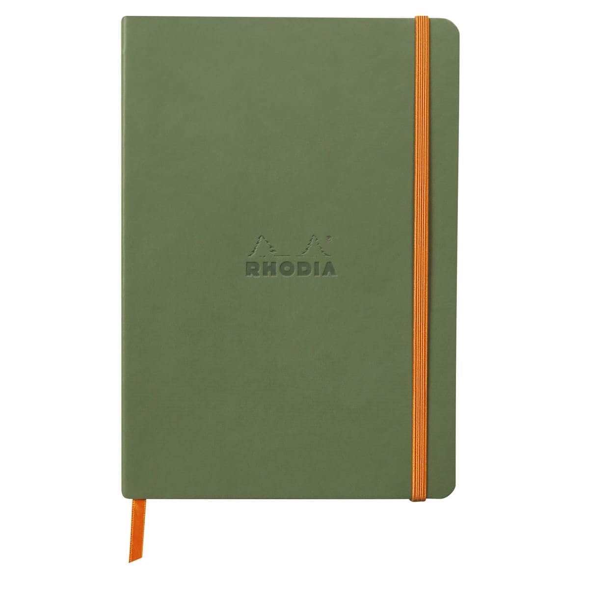 Rhodiarama Anteckningsböcker Dotted Sage från Rhodia - Grön prickad anteckningsbok med orange bokmärkesband samt gummiband för stängning.- Tidformera