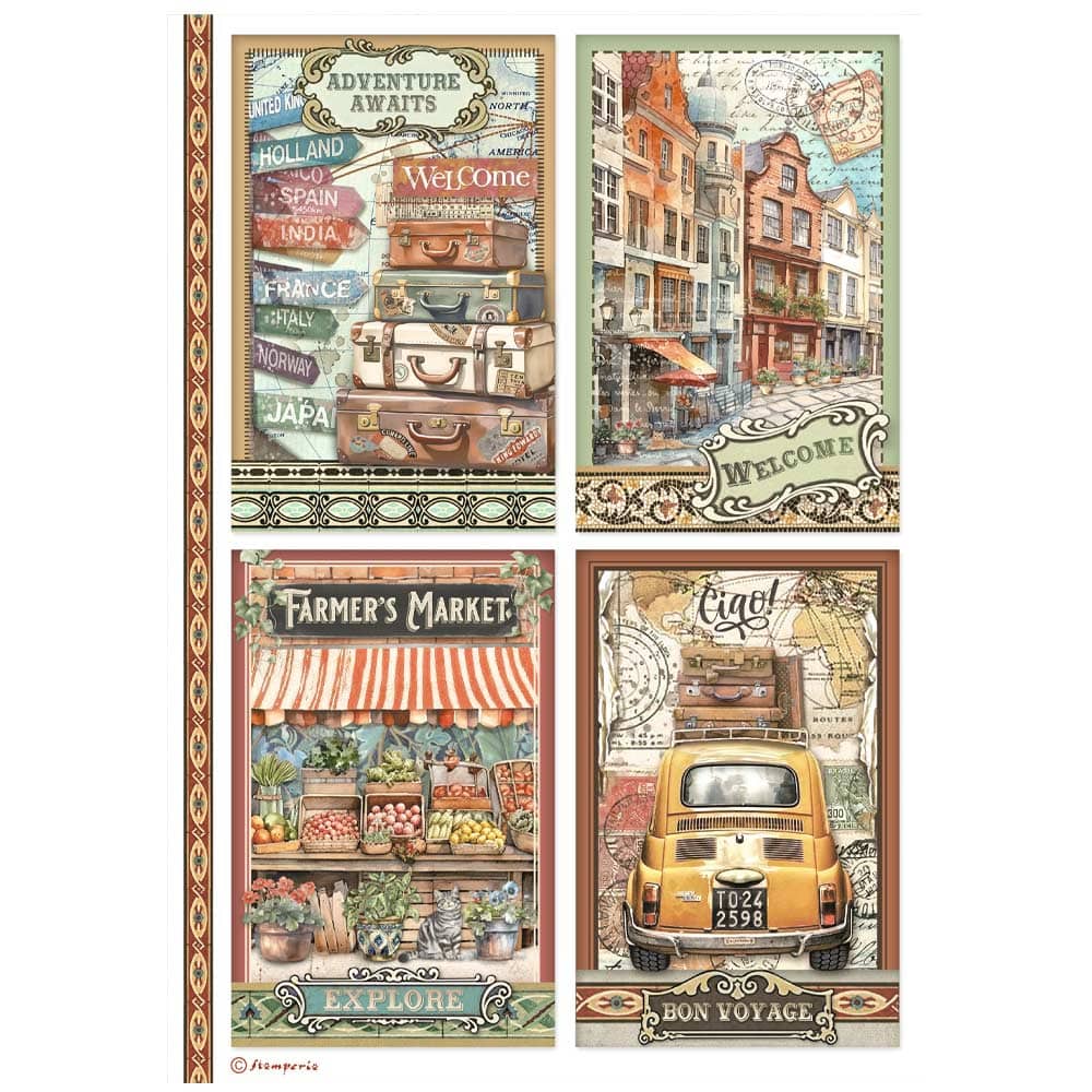 Rice Paper A4 - Art of Travelling - 4 Cards - 1 - Stamperia - Tidformera