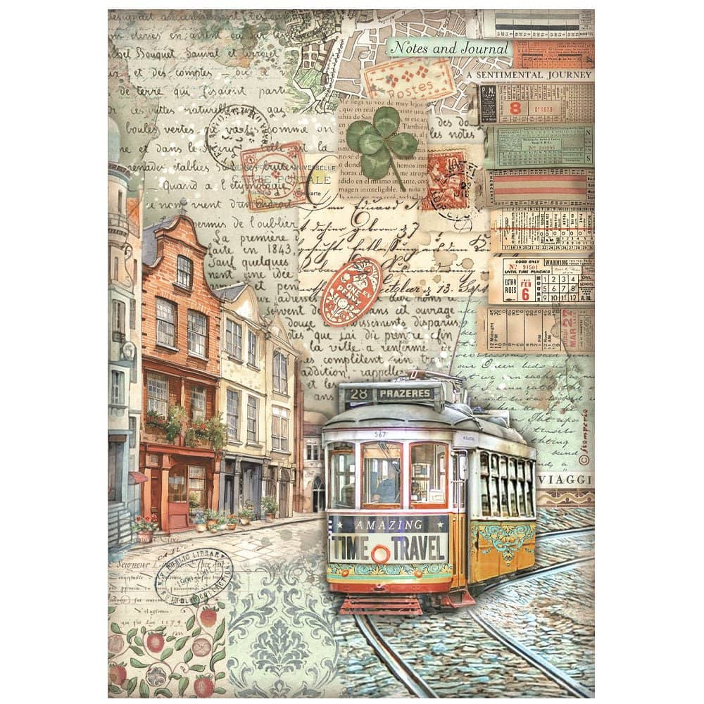 Rice Paper A4 - Art of Travelling - Tram - 1 - Stamperia - Tidformera