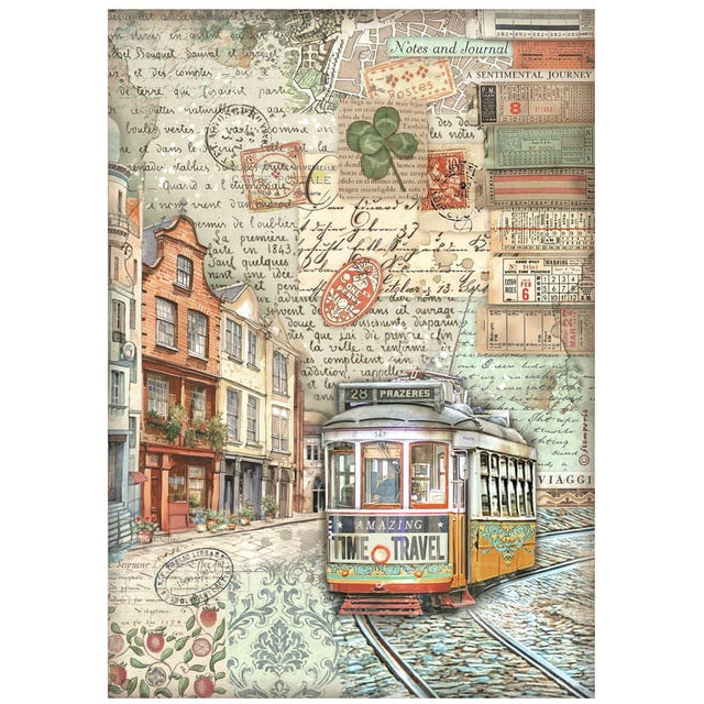Rice Paper A4 - Art of Travelling - Tram - 1 - Stamperia - Tidformera