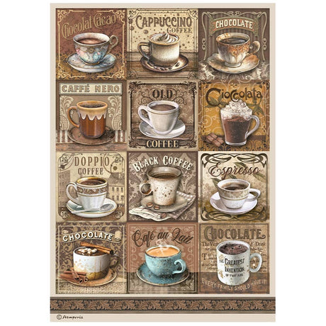 Rice Paper A4 - Coffee and Chocolate - Tags with Cups - 1 - Stamperia - Tidformera