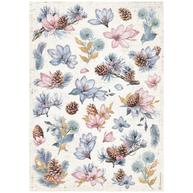 Rice Paper A4 - Dewdrops - Pinecones And Flowers - 1 - Stamperia - Tidformera