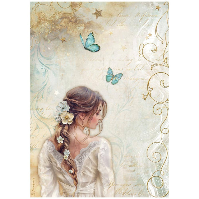Rice Paper A4 - Masquerade - Lady Butterfly från Stamperia med en flicka som har blommor i håret.- Tidformera