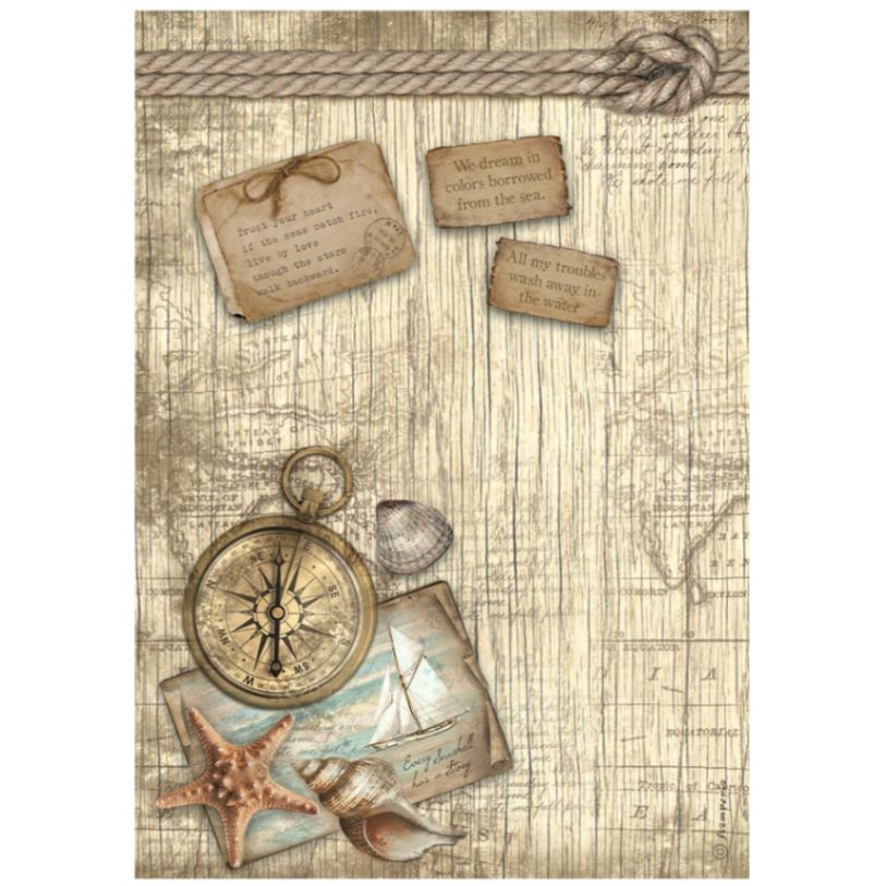 Rice Paper A4 Sea Land - Compass - 1 - Stamperia - Tidformera
