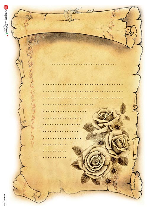 Rice Paper Decoupage - A5 - Flowers 0294 från Paper Designs. Rispapper med motiv med ett äldre pappersark som är linjerat och dekorerat med rosor - Tidformera