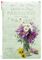 Rice Paper Decoupage - A5 - Flowers 0318 från Paper Designs. Rispapper med en vas med klematis och prästkragar, äldre text. - Tidformera