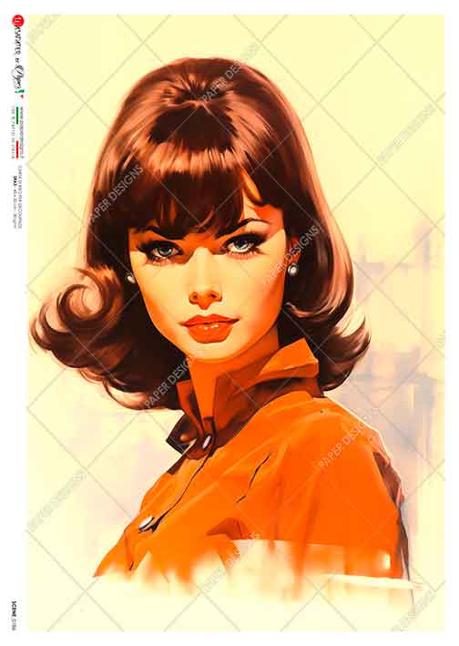 Rice Paper Decoupage - A5 - Scene 0186 från Paper Designs. Ett papper med motiv på en kvinna. Hon har brunt hår och röd skjorta - Tidformera