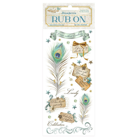 Rub - on - Masquerade - Feathers från Stamperia. Brev och påfagelsfjädra är motivet på ark. - Tidformera